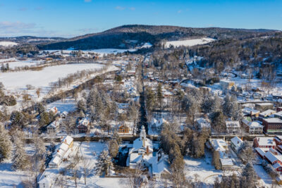 Aerial view of Woodsrtock, Vermont in WInter with Snow